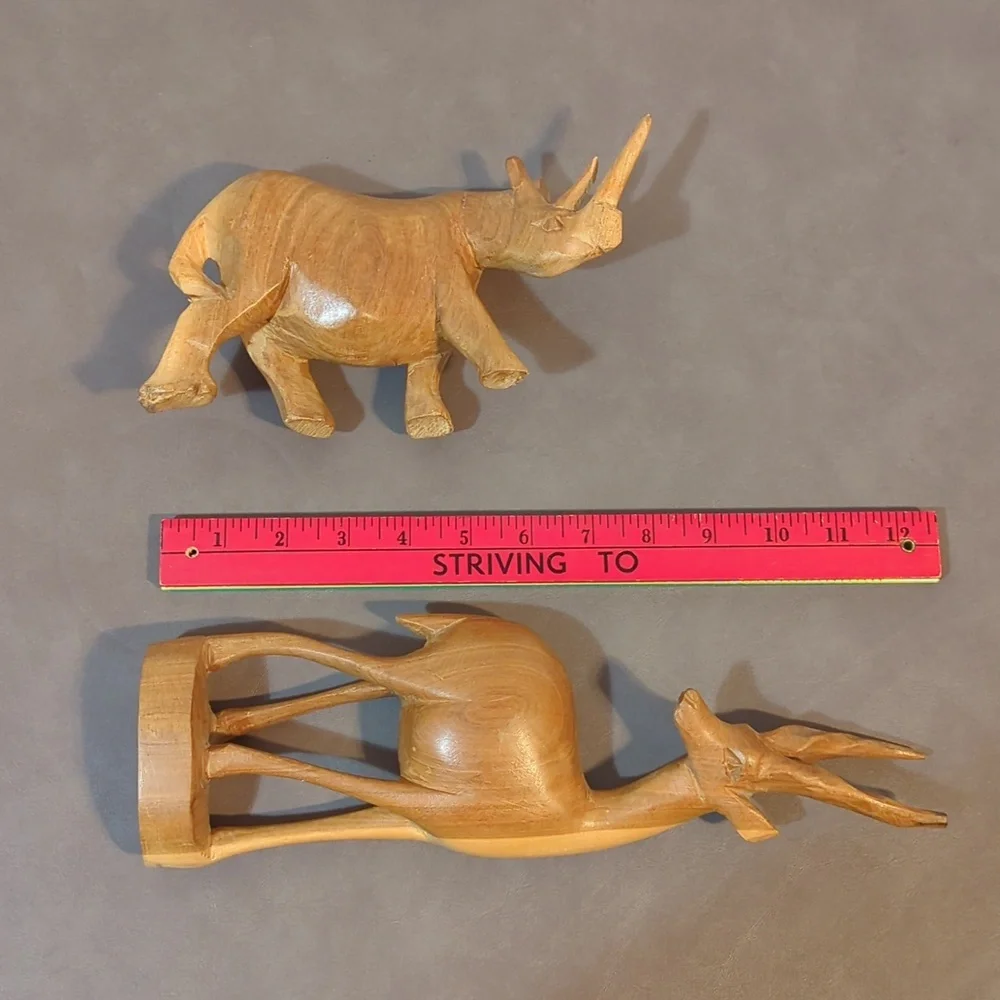 Hand carved wooden pair rhino antelope gazelle deer statue set of 2